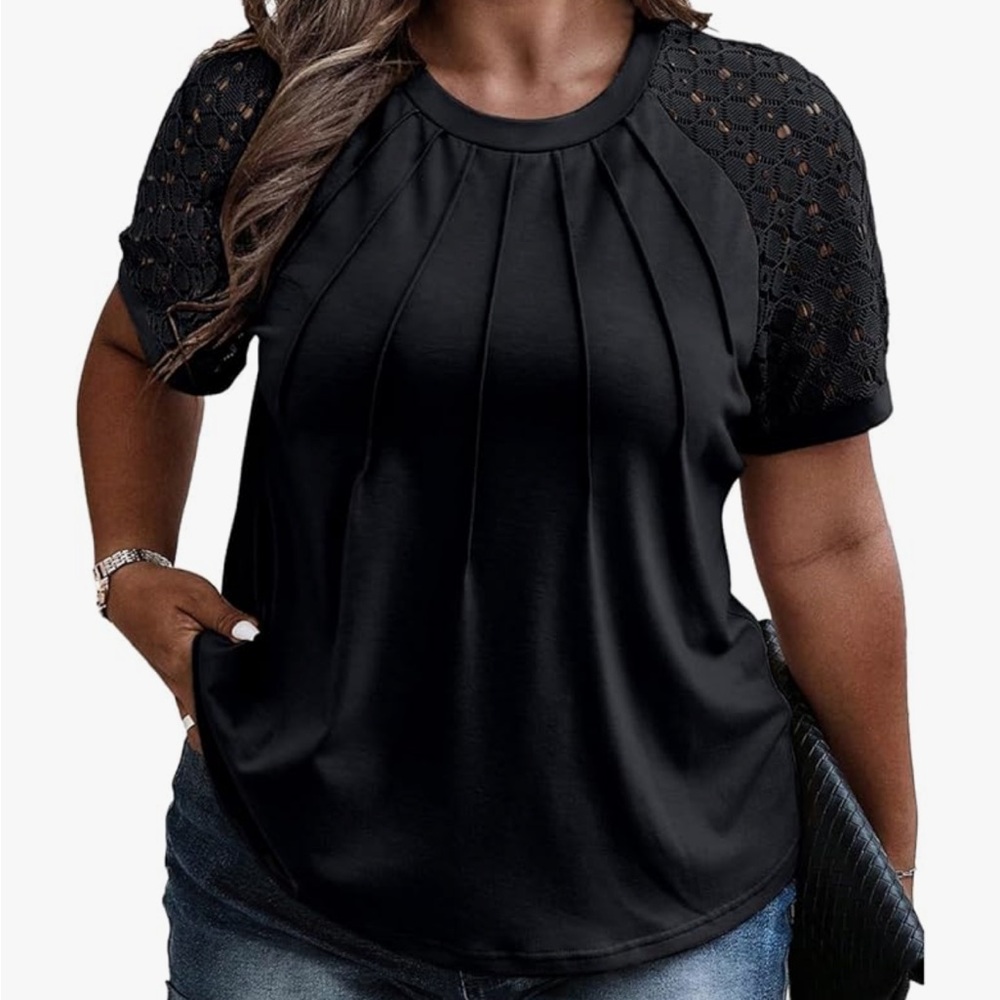 Lalagen Black Pleated Short Sleeve Blouse with lace sleeves